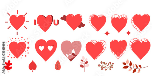 heart for valentine day, card,poster, types of red heart, broken heart,i lvu heart,leaf,flower, heart and cloud. vector isolated photo