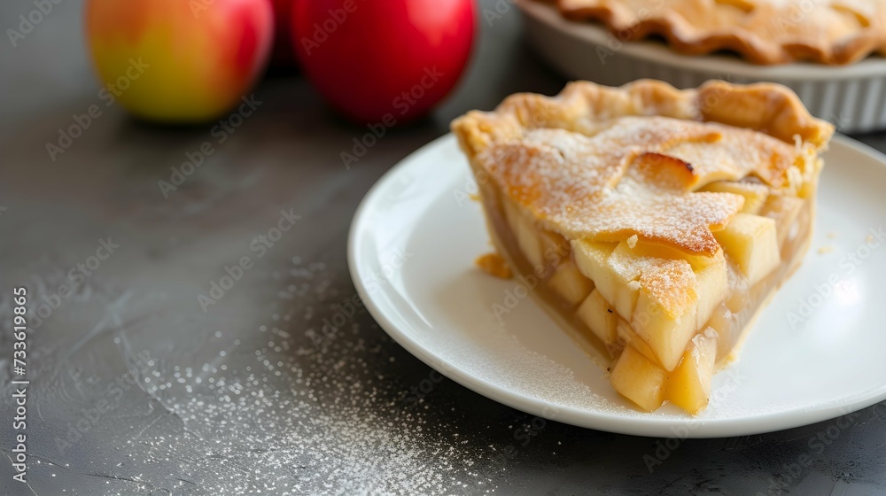 Slice of French apple pie invisible on a white plate Homemade apple baked goods Plate with pie and apples on a gray background. Creative Banner. Copyspace Slice of French apple pie invisible on a white plate Homemade apple baked goods Plate with pie and apples on a gray background. Creative Banner. Copyspace