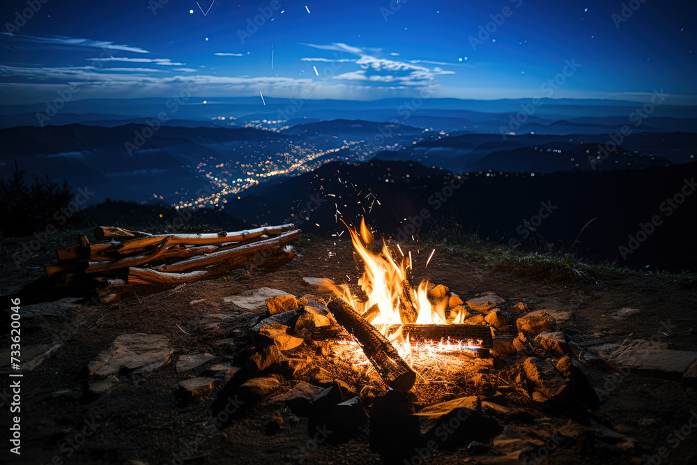 Campfire burns brightly, casting a warm glow on the surrounding area, revealing a breathtaking view of a distant city.