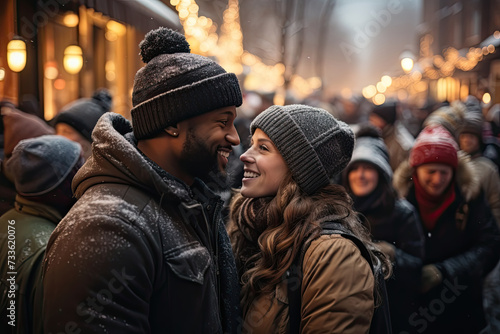 Amidst a bustling crowd on a snow-laden evening, a couple finds warmth in a joyous embrace, sharing laughter that pierces the winter chill.