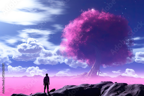 Tranquil image of man standing beneath vibrant pink tree  embracing beauty of nature