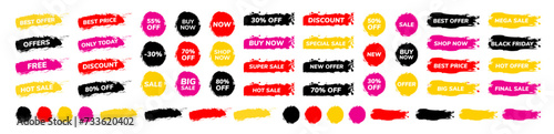 Price tags. Sale brush label design. New discount sticker. Paintbrush badge for special offer lettering. Promotion banner. Paint spot signs. Ink splash shapes. Vector shopping icons set