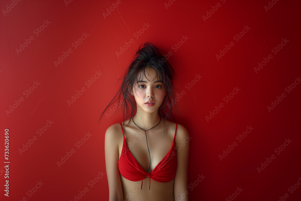 Close up studio shot of beautiful young woman,posing against light wall with positive face expression Close up studio shot of beautiful young woman,posing against light wall with positive face expression