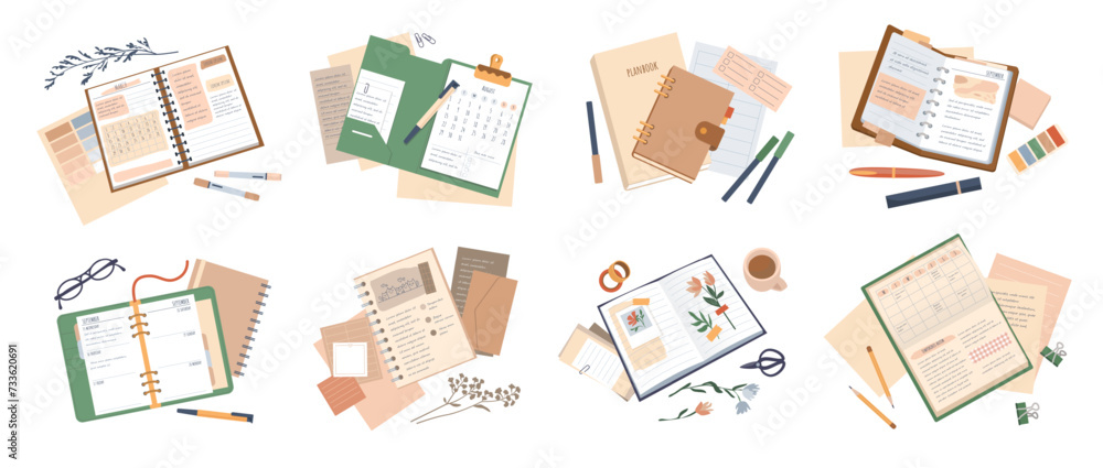 Fototapeta premium Opened books. Organizer top view. Office stationery. Calendar schedule. Paper journal. Notebook with herbarium flowers and memo notepaper. Diary or planner on table. Vector objects set