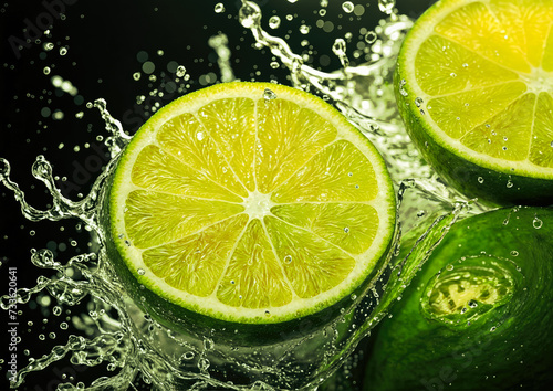 Fresh lime slices with water splash on black background Close up