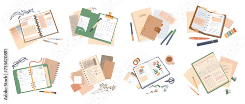 Opened books. Organizer top view. Office stationery. Calendar schedule. Paper journal. Notebook with herbarium flowers and memo notepaper. Diary or planner on table. Vector objects set