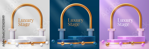 Podium background. 3D black luxury product exhibition stage. White or golden cylinder platforms. Ancient column arch. Glossy spheres. Gold foil. Elegant stand. Vector display platforms set