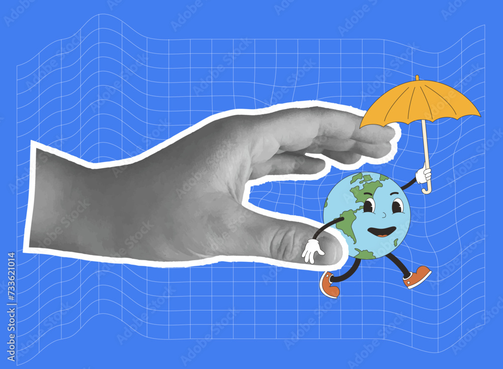 Save the world. Earth retro mascot in collage hand in blue background. Planet cartoon character with umbrella. World environment protect. Vector illustration