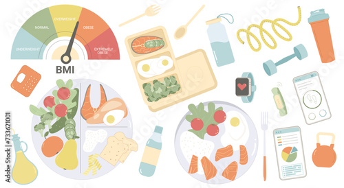 Healthy lifestyle set. Sport and diet plan elements collection. Food body mass index. Weight loss control. Vector flat illustration isolated on white background