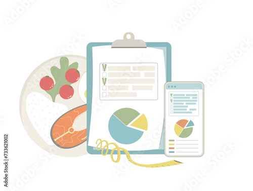 Diet plan. Nutrient counting checklist program. Healthy food meal tracking concept. Weight loss control. Vector flat illustration isolated
