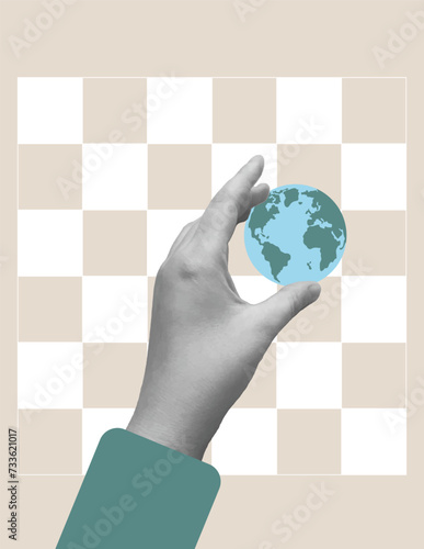 Collage hand holding planet Earth on retro style poster. Globe on chessboard. Ecological climate problem. Vector template illustration