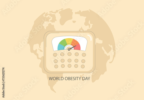 World obesity day template. Scale with overweight indicator on map background. Vector illustration