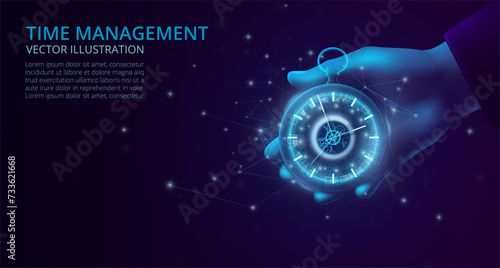 Digital clock. Low poly watch. Time management. Clockwork technology for business. Polygon timepiece in hand. 3D wireframe. Blue light chronometer. Accuracy stopwatch. Vector background