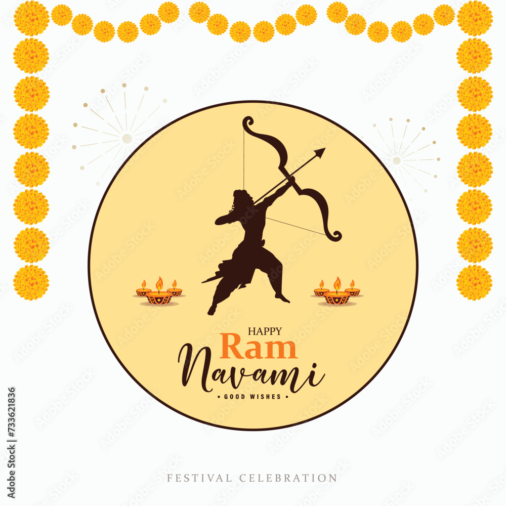 Happy Ram Navami wishes or greeting yellow flower  social media post or banner design with bow vector illustration