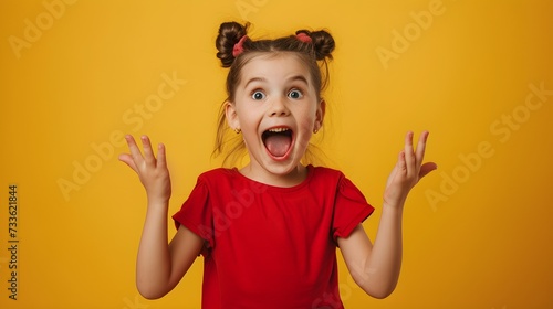 Portrait of young excited shocked crazy smiling girl child kid hold hands isolated on color background