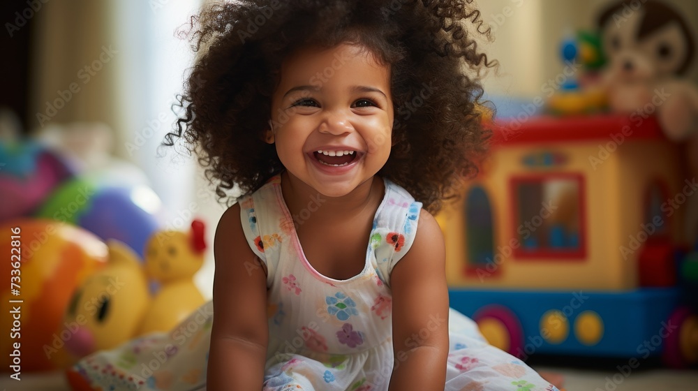 Adorable 3-year-old girl engaged in joyful play, surrounded by toys in cozy living room Adorable 3-year-old girl engaged in joyful play, surrounded by toys in cozy living room