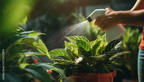 Female hands spray watering plants at home