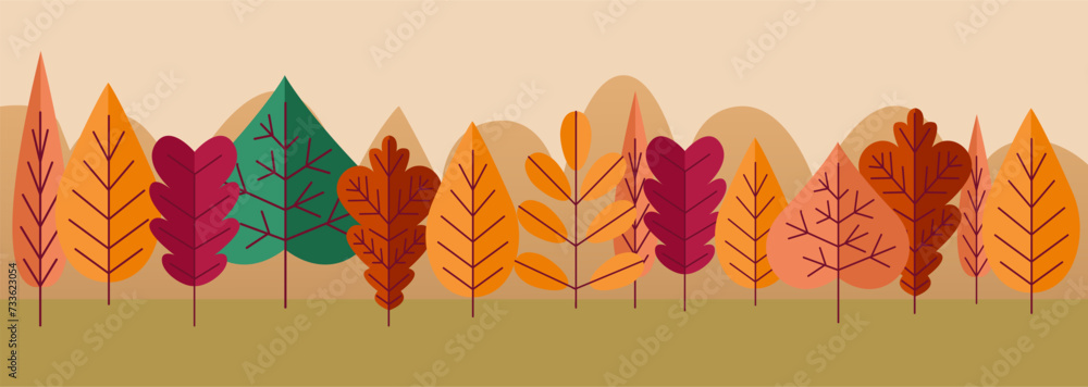 Autumn poster. Forest landscape. Oak and maple foliage. Orange birch. Fall season flora. Simple flat plants. Autumnal panorama. Wild woodland scenery. Nature environment. Vector background