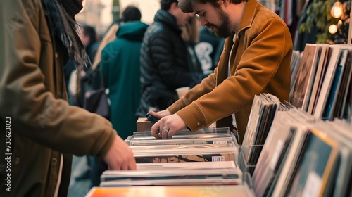 Pop-up vinyl record fair at Fête de la Musique drawing collectors and enthusiasts, showcasing a diverse range of music genres and rare finds