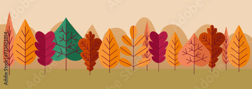 Autumn poster. Forest landscape. Oak and maple foliage. Orange birch. Fall season flora. Simple flat plants. Autumnal panorama. Wild woodland scenery. Nature environment. Vector background