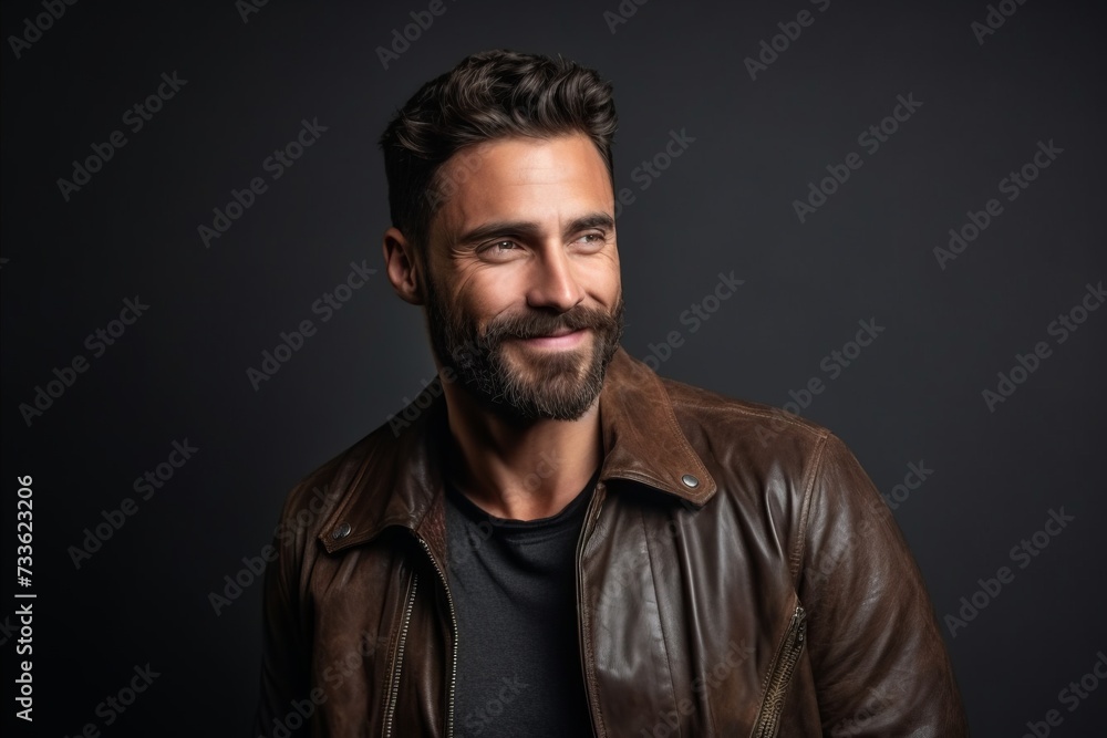 Portrait of a handsome man with beard and mustache wearing a leather jacket.