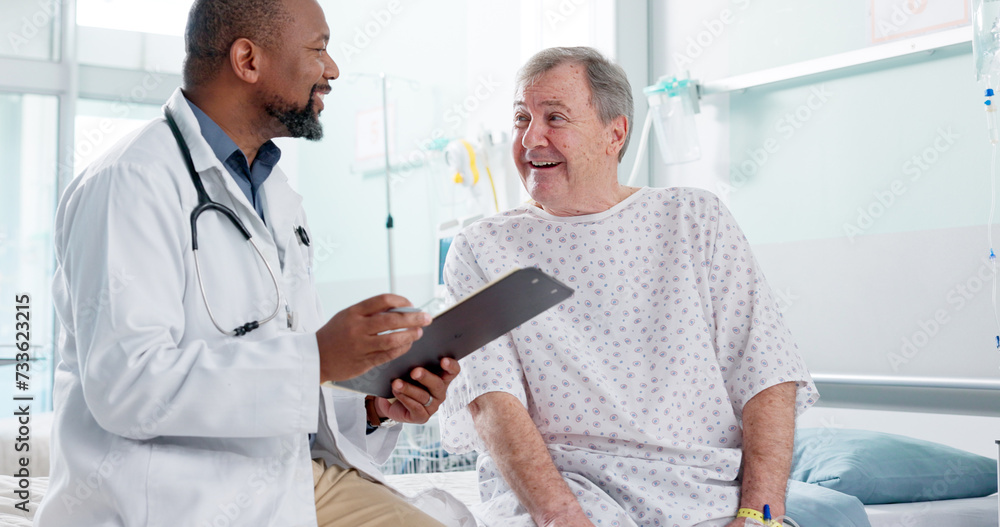 Obraz premium Man, doctor and patient in consultation, diagnosis or explaining prescription on hospital bed. Male person, medical or healthcare surgeon consulting customer for health advice or results at clinic