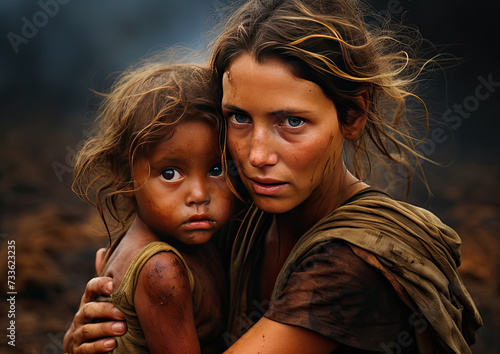 Portrait of a poor mother and her daughter on the background of the mountains