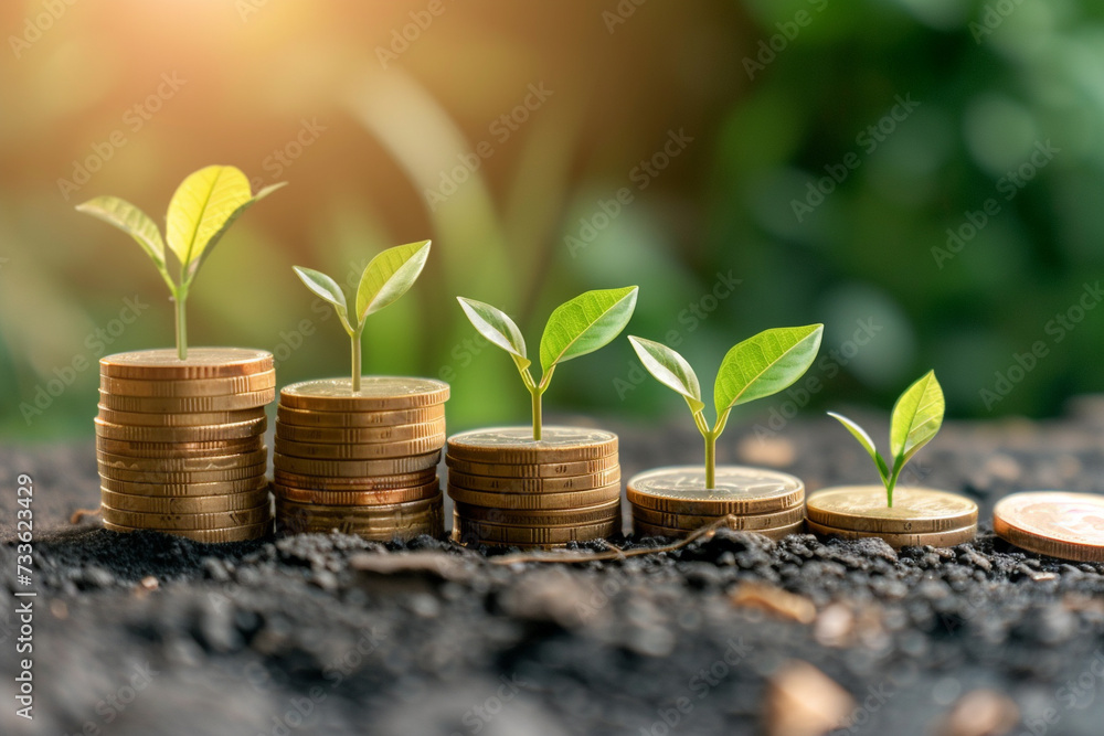 coins among thriving greenery symbolize prosperity. Ideal for finance, investment, and business concepts. Invest in the future with this compelling visual metaphor of a thriving economy coins among thriving greenery symbolize prosperity. Ideal for finance, investment, and business concepts. Invest in the future with this compelling visual metaphor of a thriving economy