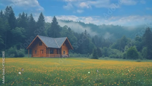 Wooden house on green grass field. seamless looping time-lapse animation video background photo