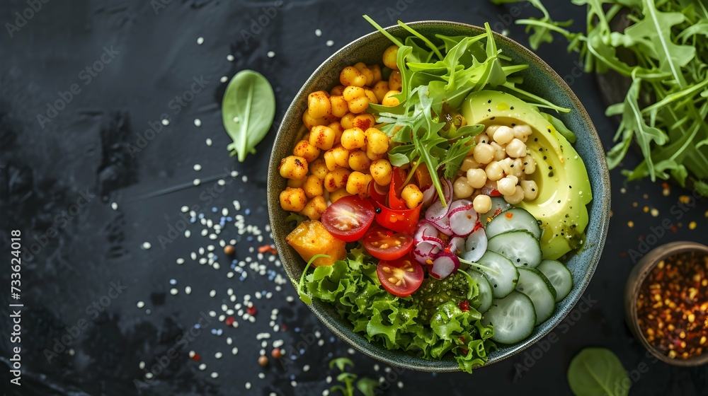 Photo of a balanced Buddha bowl with colorful ingredients. Photo of a balanced Buddha bowl with colorful ingredients.