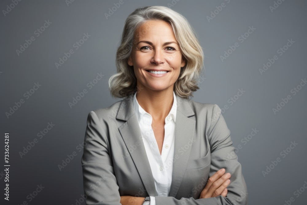 Confident businesswoman. Confident mature businesswoman looking at camera and smiling while standing against grey background Confident businesswoman. Confident mature businesswoman looking at camera and smiling while standing against grey background