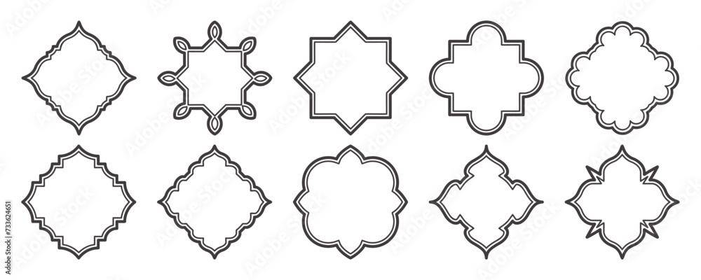 Islamic frame shapes set. Ramadan window with ornament. Vector oriental decoration design. Arabian traditional outline elements and signs. - obrazy, fototapety, plakaty 