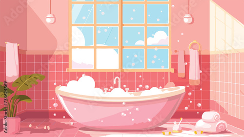 Pink bathroom semi-flat vector illustration.