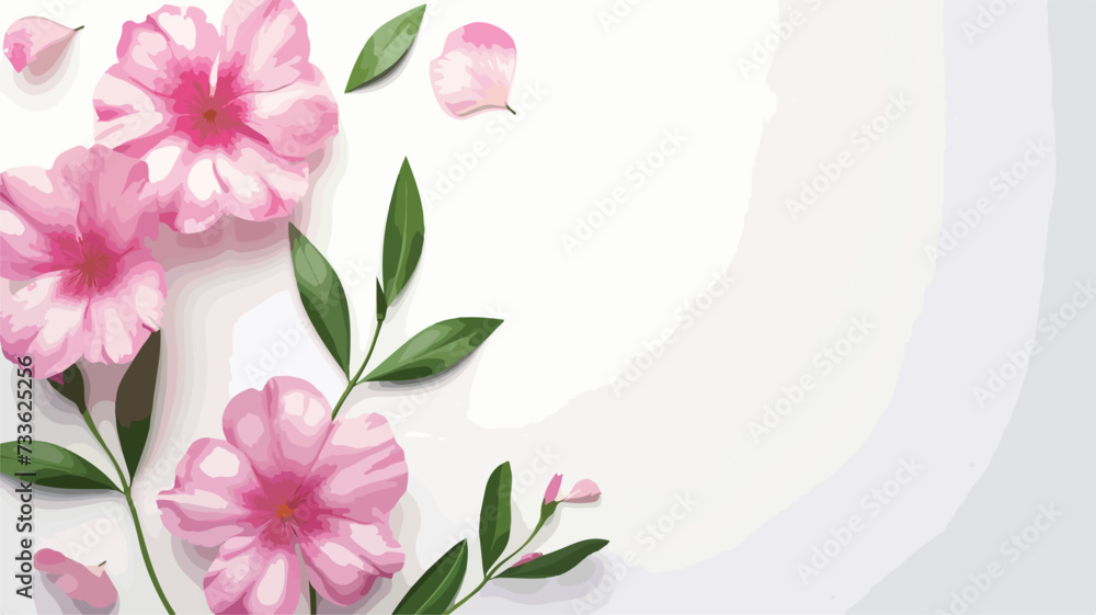 Pink flowers with green leaves on white background.