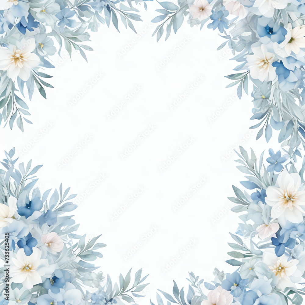 Dusty blue rose, white hydrangea, ranunculus, magnolia, eucalyptus, greenery, juniper, echeveria vector design banner. Wedding seasonal flowers. Floral watercolor composition. Isolated and editable