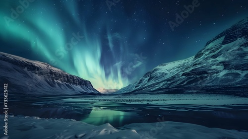Northern lights in the night sky over the mountain river, Winter landscape