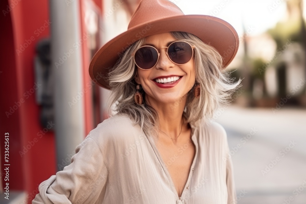 beautiful mature woman wearing hat and sunglasses walking in the city street