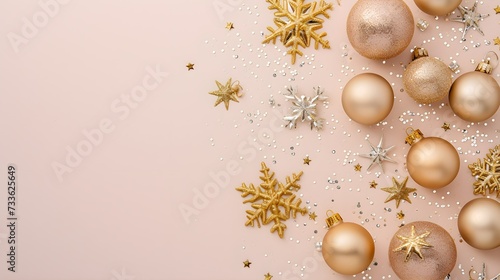 New Year Wishes! Top-view photo of chic tree decorations, golden ornaments, sparkling stars, snowflakes, sequins on a gentle pastel base, awaiting your message or advertising