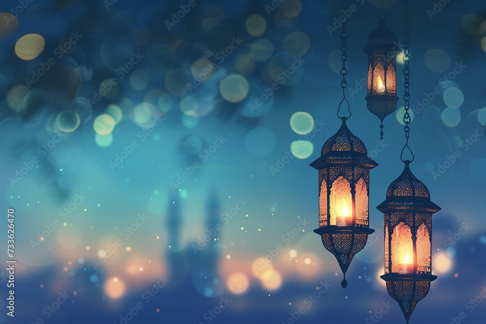 Ramadan Kareem Greeting Card with Arabic Lanterns on Bokeh Background. Ramadan Mubarak
