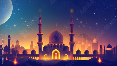 Muslim Islamic New Year, religious event. Graphic illustration. Bathed mosques