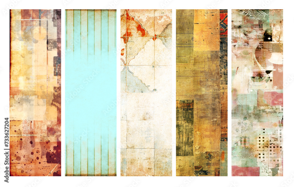 Set of vertical or horizontal banners with old paper texture and retro patterns with strips, dots and drops. Vintage backgrounds with grunge paper material
