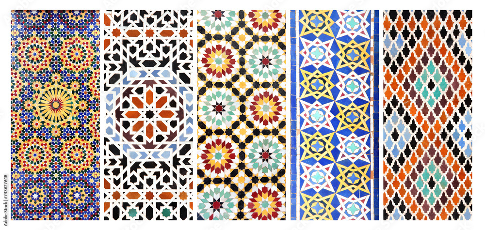 Set of vertical or horizontal banners with detail of ancient mosaic walls with floral and geometric ornaments. Collection of backgrounds with traditional iranian tile decorations - obrazy, fototapety, plakaty 