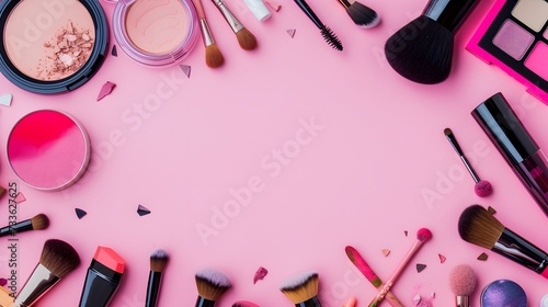 Makeup tools border design around blank space in colourful tones background. Flat lay composition of beauty products, brushes, color palettes and copy space banner