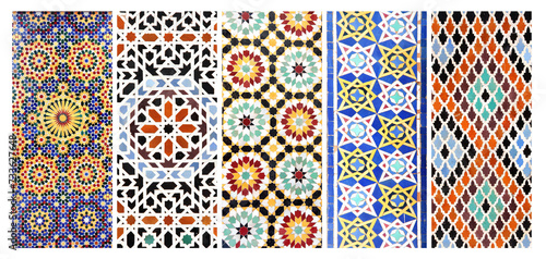 Set of vertical or horizontal banners with detail of ancient mosaic walls with floral and geometric ornaments. Collection of backgrounds with traditional iranian tile decorations photo
