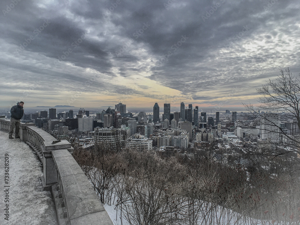 Massive snow and ice in downtown Montreal Montréal Quebec, Canada on sunny day with blue sky winter wonderland scenery
