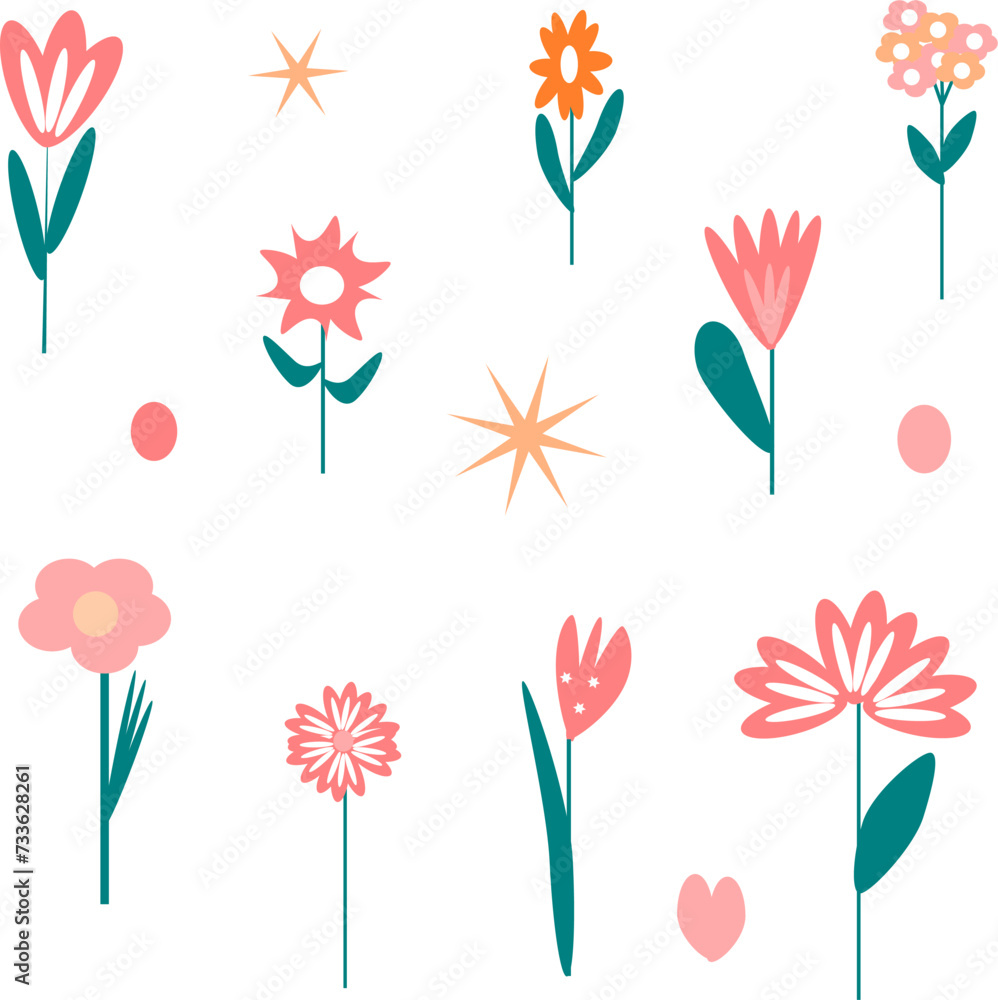 Obraz premium Isolated set with cute spring flowers in flat style. Simple botanical elements for textiles, wallpaper, packaging, children's design.
