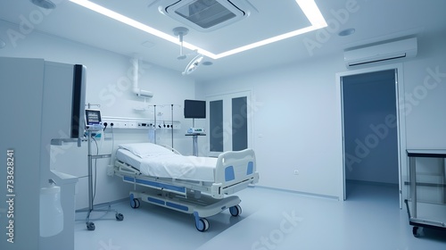 Interior of empty ward in modern hospital. Recovery room with bed and complex medical equipment. Clean and comfortable room with bed in a new medical center for treatment and examination of patients.