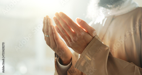 Photography Islam, prayer and hands of man in mosque with love mindfulness and gratitude in faith for Eid