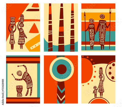 Set of eye-catching card, banner, flyer with ethnic ornaments and silhouette of musician, mother with child, hunters with spears. Card, gift tag, label template with african tribal motifs. Vector EPS8