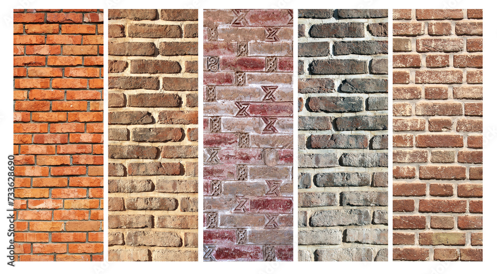 Collection of vertical banners with textures of old brick walls. Set of retro backdrop with brick wall texture